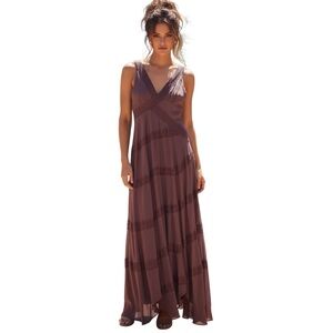 BHLDN Gracie V-Neck Lace Ruffle Maxi Dress XXS Asymmetric Plum Elegant Flowy